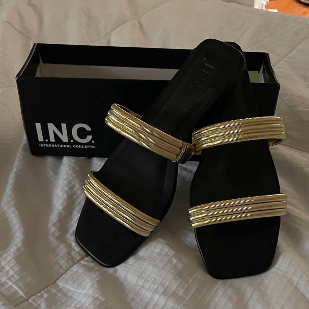 INC International Concepts Black Sandals with Gold Accents